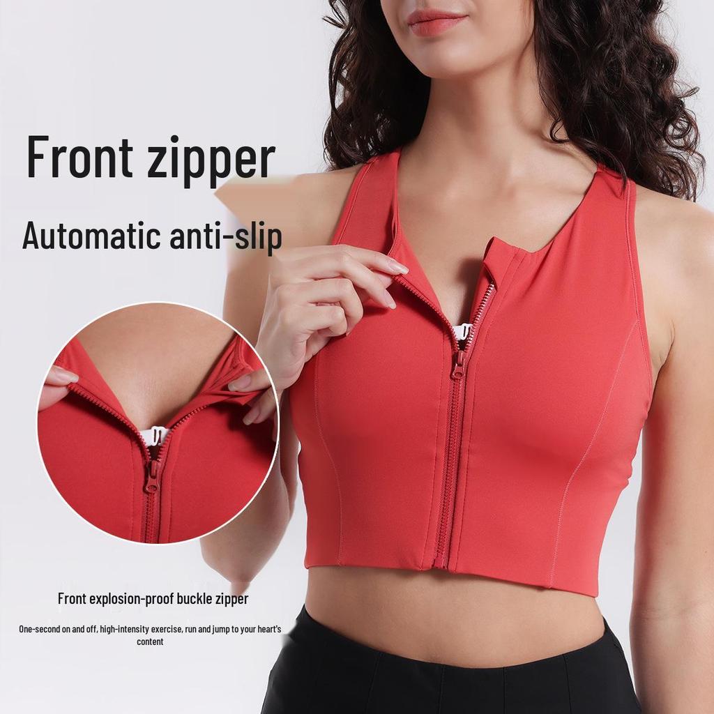 High-Impact Lycra Sports Bra with Front Zipper and Fixed Cups