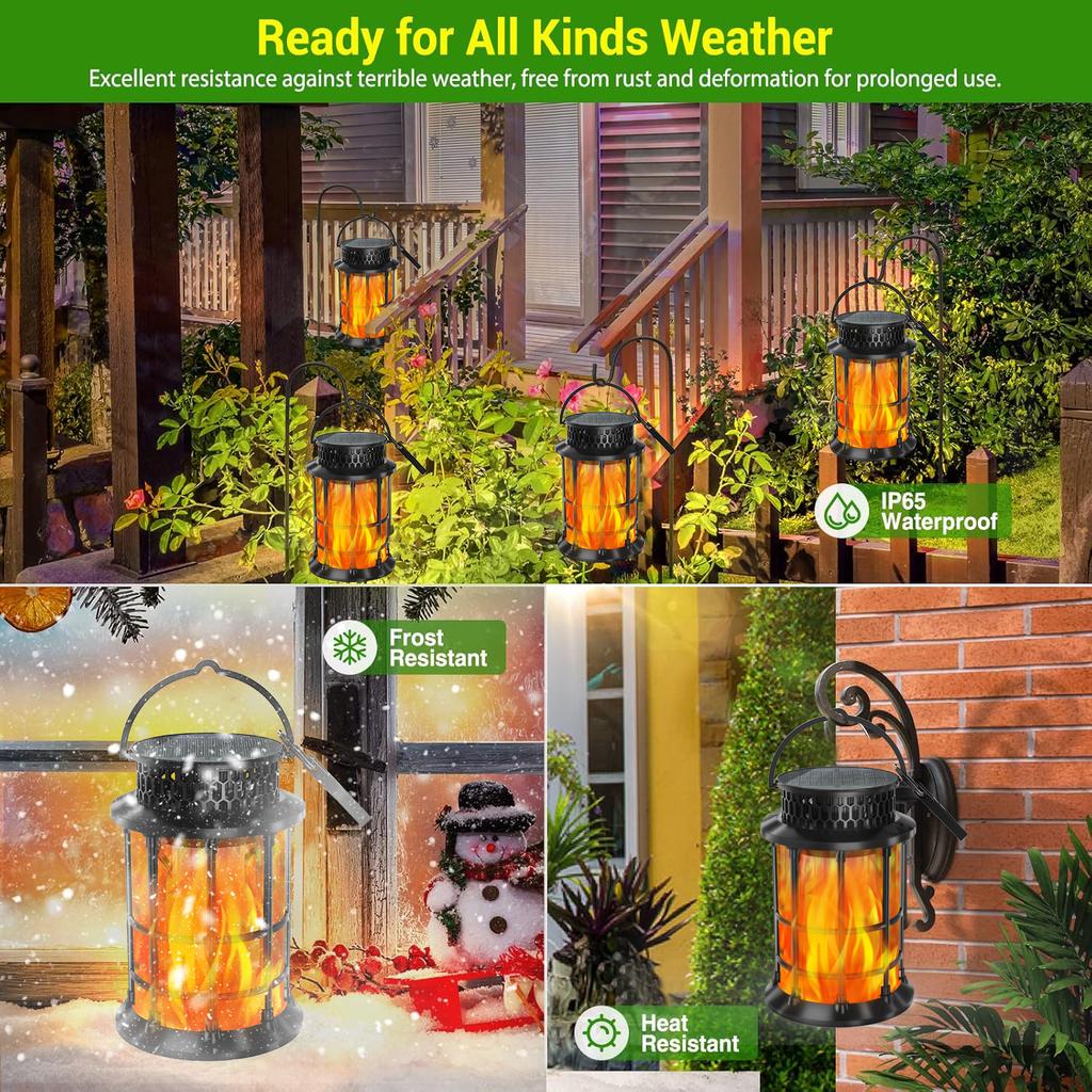 Upgraded Solar Flickering Flame Hanging Light Outdoor Waterproof Solar Powered Landscape Lanterns Garden Fence Decor