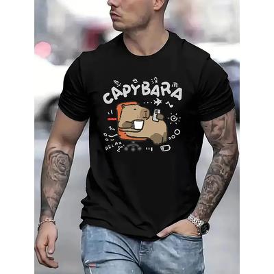 European Sizes Men's Casual Capybara Graphic Tee - Lightweight, Breathable Polyester, Crew Neck Short Sleeve T-Shirt