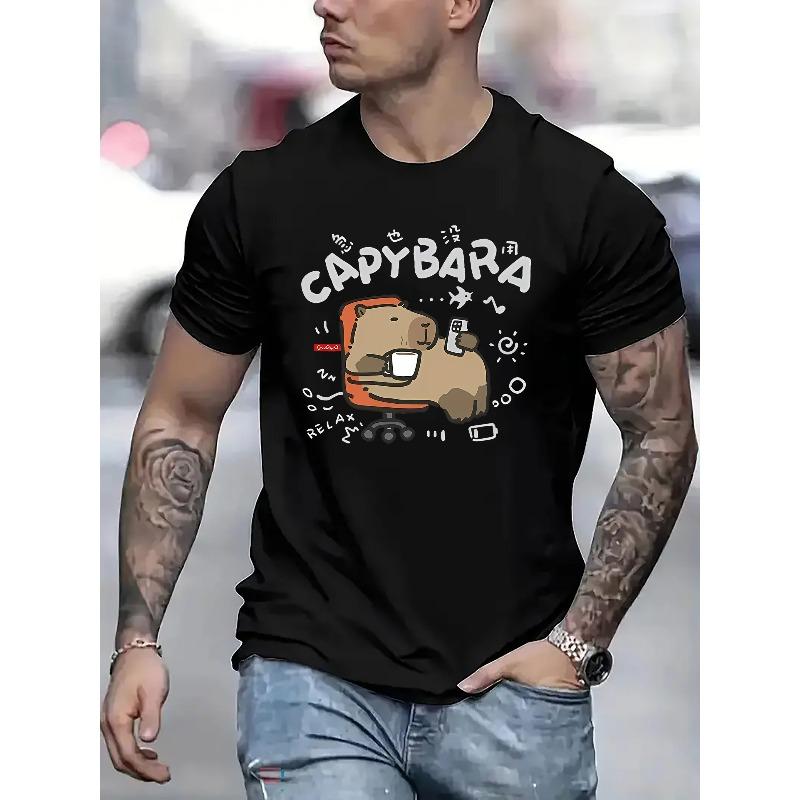 

European sizes Men s Casual Capybara Graphic Tee - Lightweight, Breathable Polyester, Crew Neck Short Sleeve T-Shirt 4XL