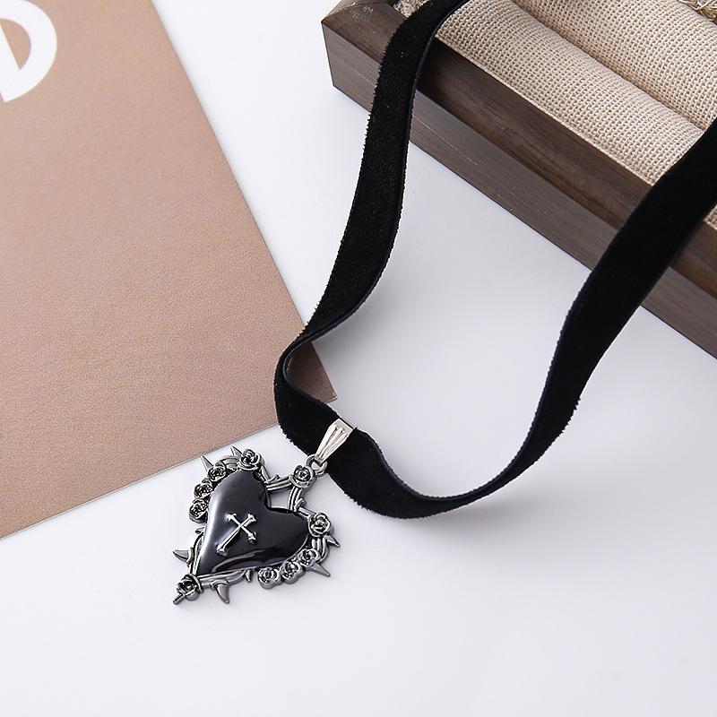 Gothic Halloween Heart Choker with Thorns, Velvet Rose, & Cross Pendant