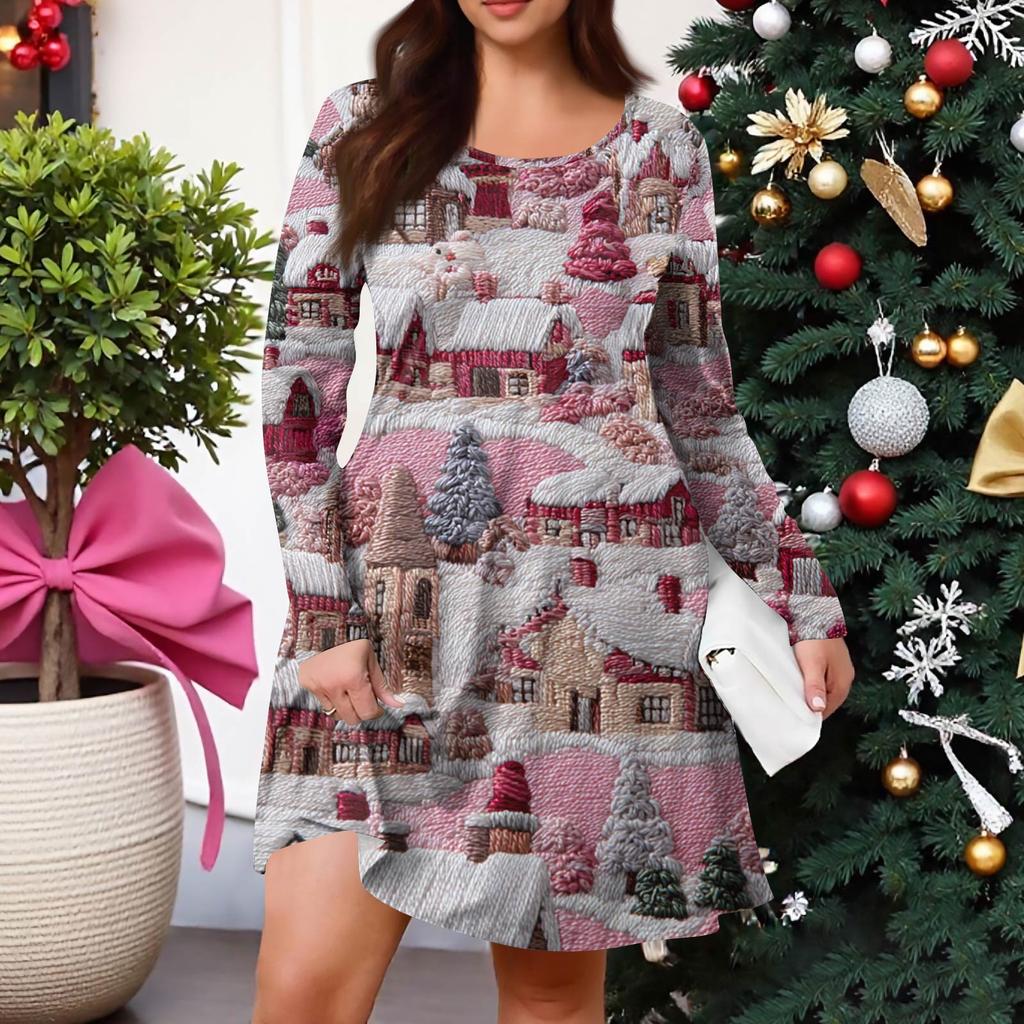 Dámské ležérní šaty s gradientním potiskem, kapsou, kulatým výstřihem a dlouhým rukávem ve větších velikostech na jaro/podzim