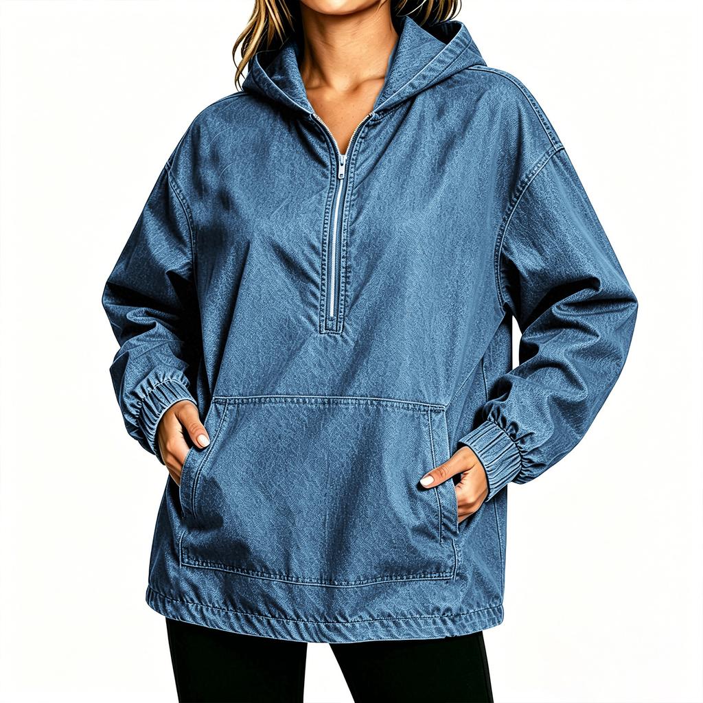 Women's Casual Loose Fit Half-Zip Hooded Denim Top with Pockets for Everyday Wear