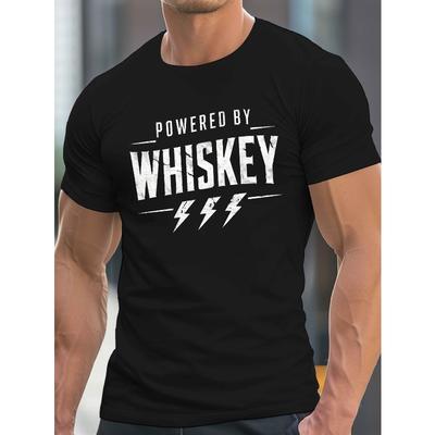 Men's Summer T-Shirt - Lightning POWERED BY WHISKEY Graphic Print Short Sleeve Tees - Trend Casual Tops for Daily Life - Big & Tall Guys