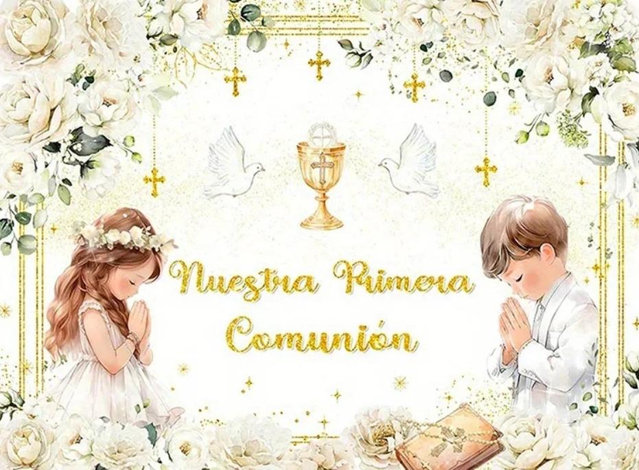 First Communion Cross Holy Grail God Bless Theme Backdrop Cloth, Children s Birthday Party, Home Decoration Photography Backdrop Vinyl 100X75cm