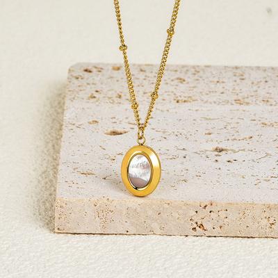 Titanium Titanium Steel White Shell Oval Pendant Necklace