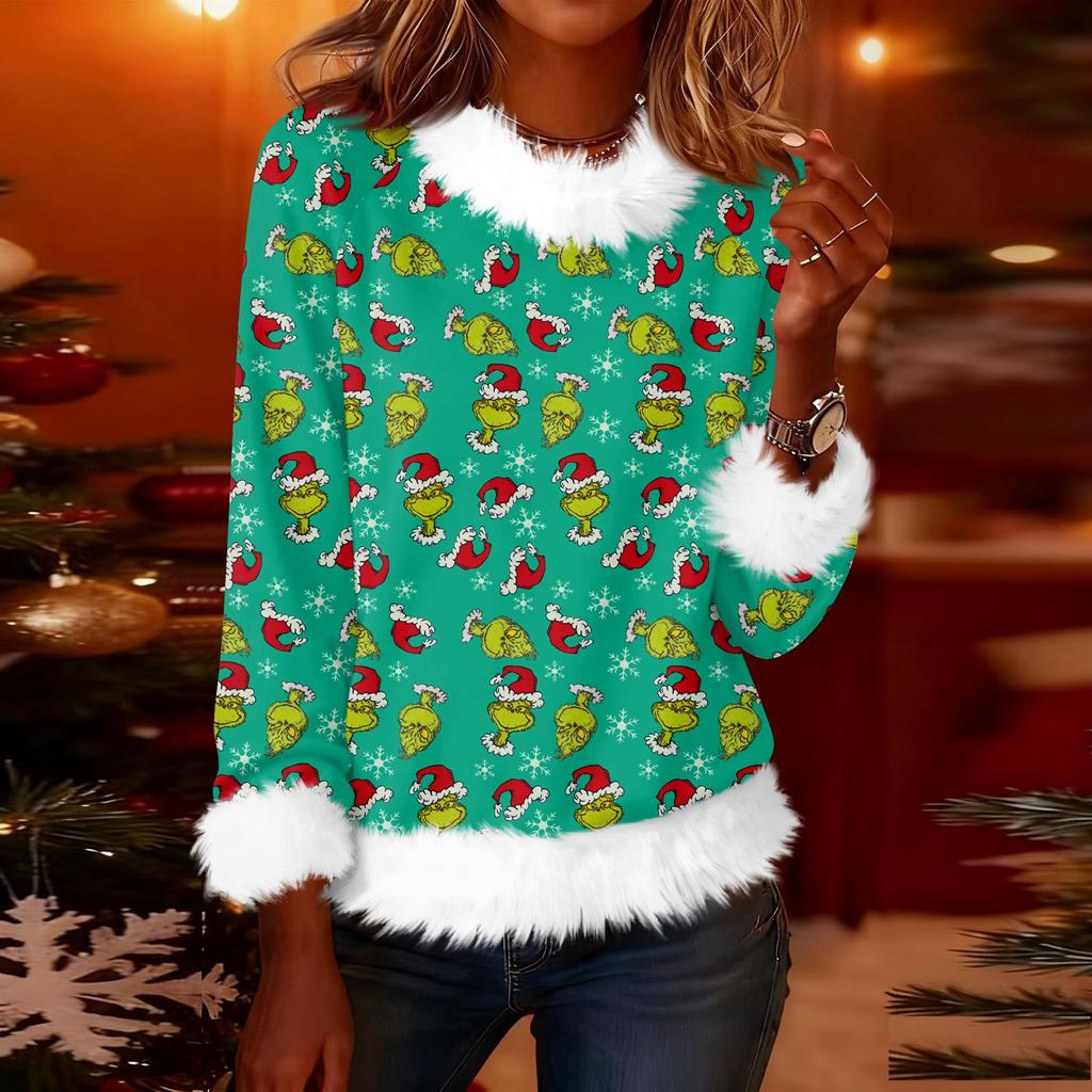 Women's Fashionable Christmas Printed Round Neck Long Sleeved Casual Pullover T-shirt Top