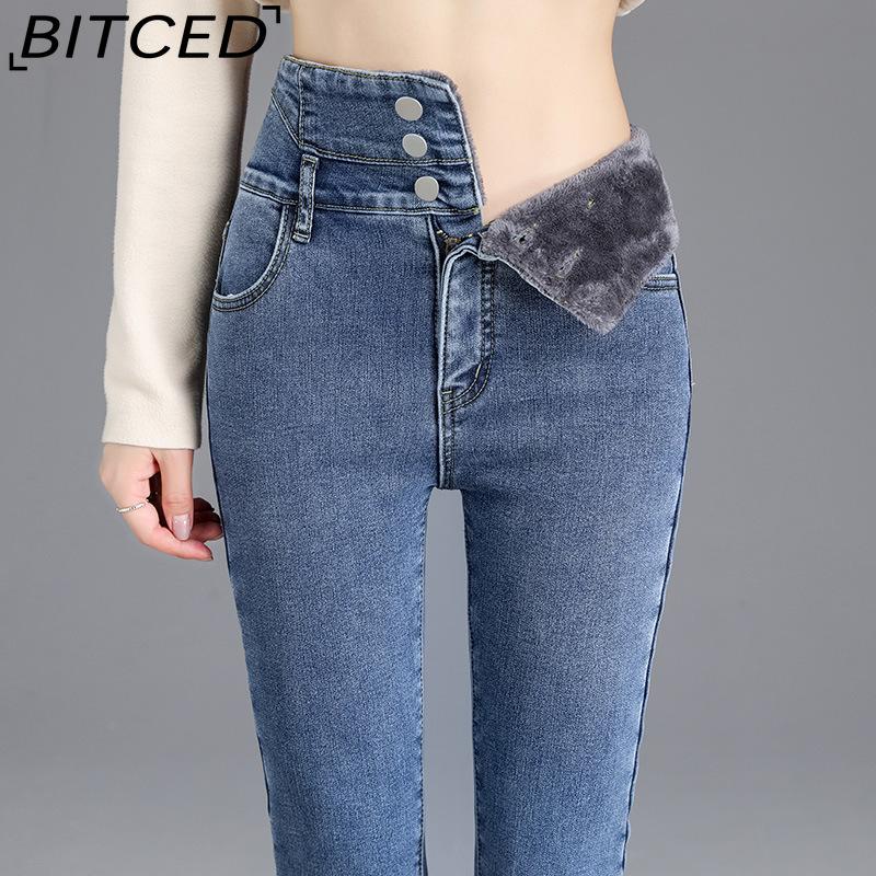 

BITCED High-waisted Fleece Jeans, Women s Autumn and Winter Skinny Jeans, Straight-leg Tight, Thickened and Slimming Pencil Pants 32 синий
