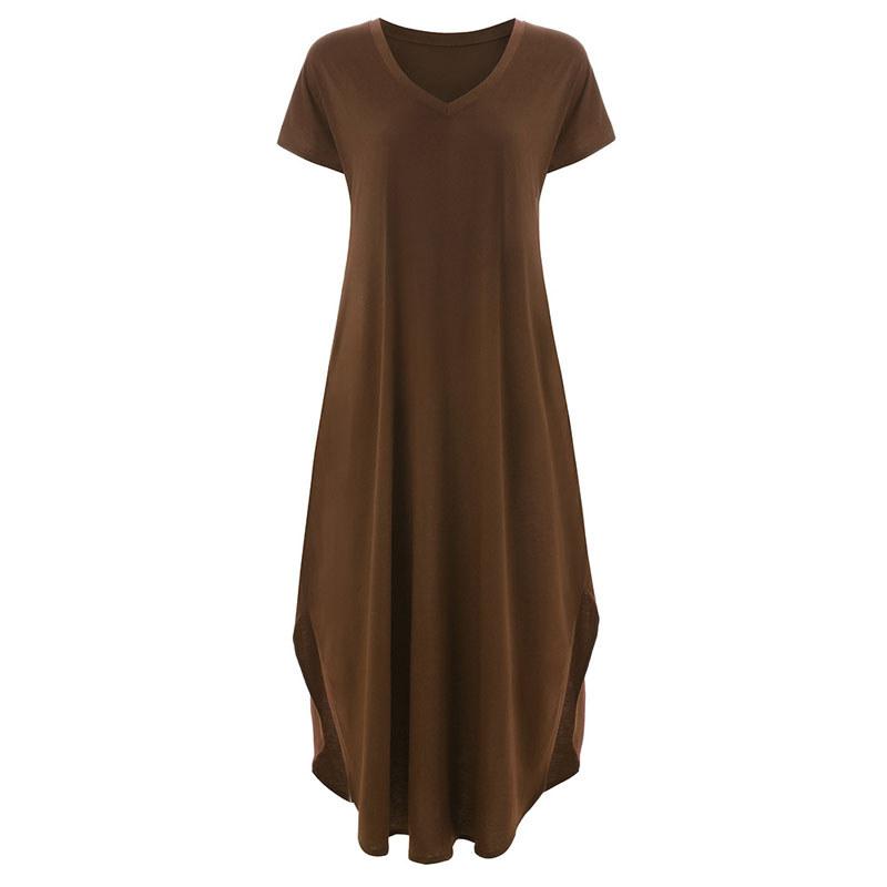 Polyester Vneck Pocket Split Long Dress For Casual Summer Wear