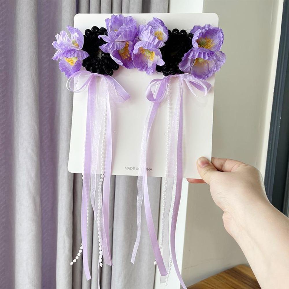2pcs Decor Flower Long Tassel Hair Bun Colorful Children Hair Tie Long Ribbon Flower Wig  Girls фиолетовый