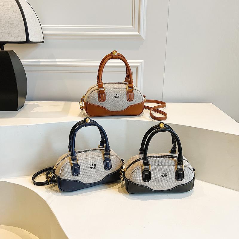 Contrasting Color Retro Small Bowling Bag Niche Design Women's Handbag Simple Commuter Boston Shoulder Pillow Bag