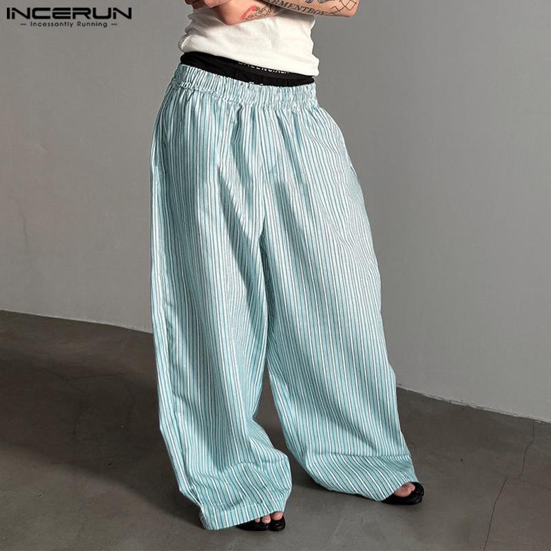 INCERUN Men Elastic Waist Pants Casual Home Wear Striped Print Long Trousers