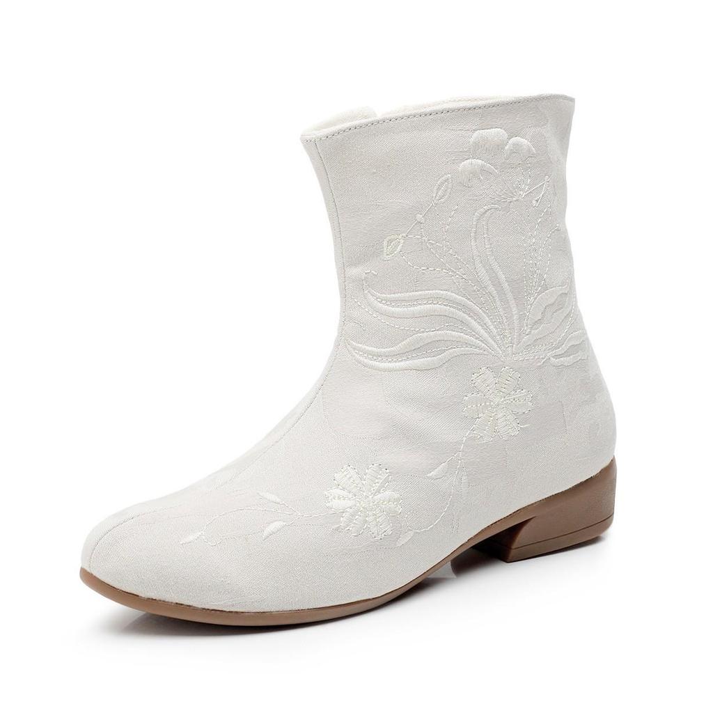 2025 Autumn/Winter Retro Ethnic Embroidered Chunky Heel Mid-Calf Women's Ankle Boots