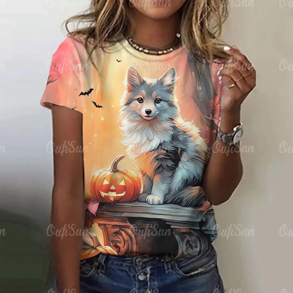 Women's Wolf Printed Round Neck T-shirt 3D Digital Printed Short Sleeve Shirt Fashion Women's Animal Pattern Top 3215 KTB