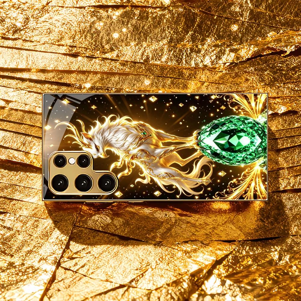 Luxury Golden Griffin Emerald Phone Case Glass S26 Ultra Case S25 Ultra Case for Samsung Galaxy S26 S25 S24 S23 S22FE Ultra Plus