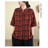 Cotton and Linen Plaid Shirt Summer New Retro Loose and Versatile V-neck Stand-up Collar Short-sleeved Shirt