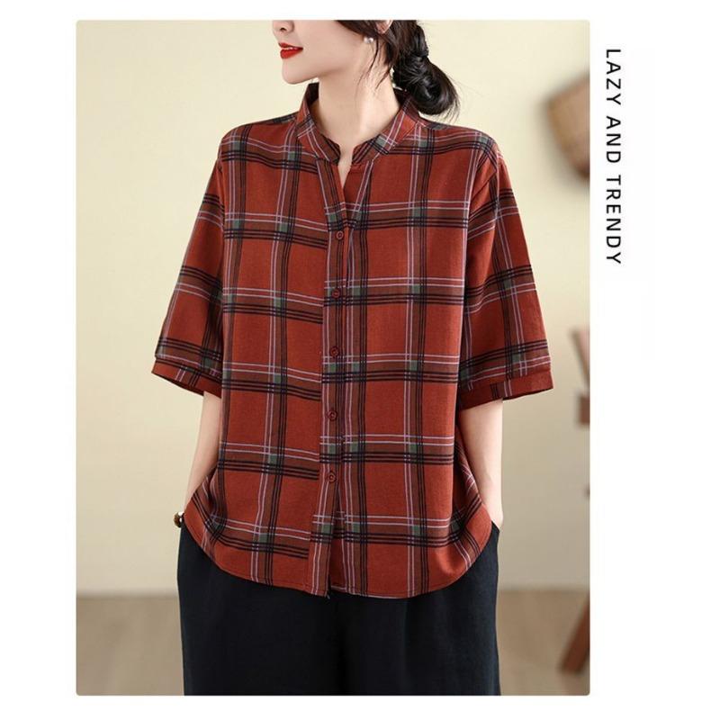 Cotton and Linen Plaid Shirt Summer New Retro Loose and Versatile V-neck Stand-up Collar Short-sleeved Shirt
