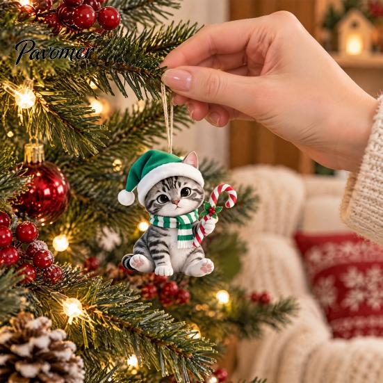 Holiday Tree Ornaments Cute Kitten Christmas Ornament for Hanging, 2D Flat Wooden Decorations Decorative Pendant with Lanyard Home Party Supplies