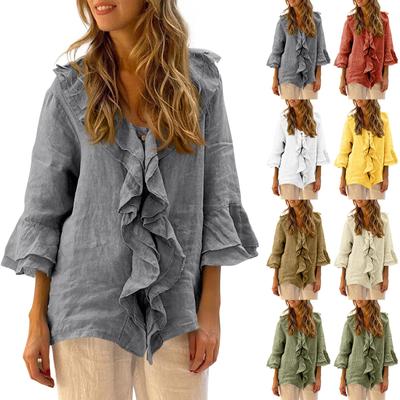 Women's Fashion Solid Color Button V Neck  Ruffled 3/4 Sleeve Top
