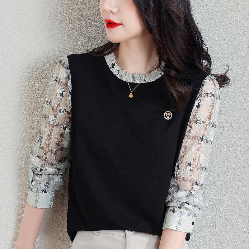 Damenbekleidung Lässiges bedrucktes Chiffon-Patchwork-Shirt Frühling Herbst Koreanischer Rundhals Stilvolle Rüschen Locker Langarmbluse