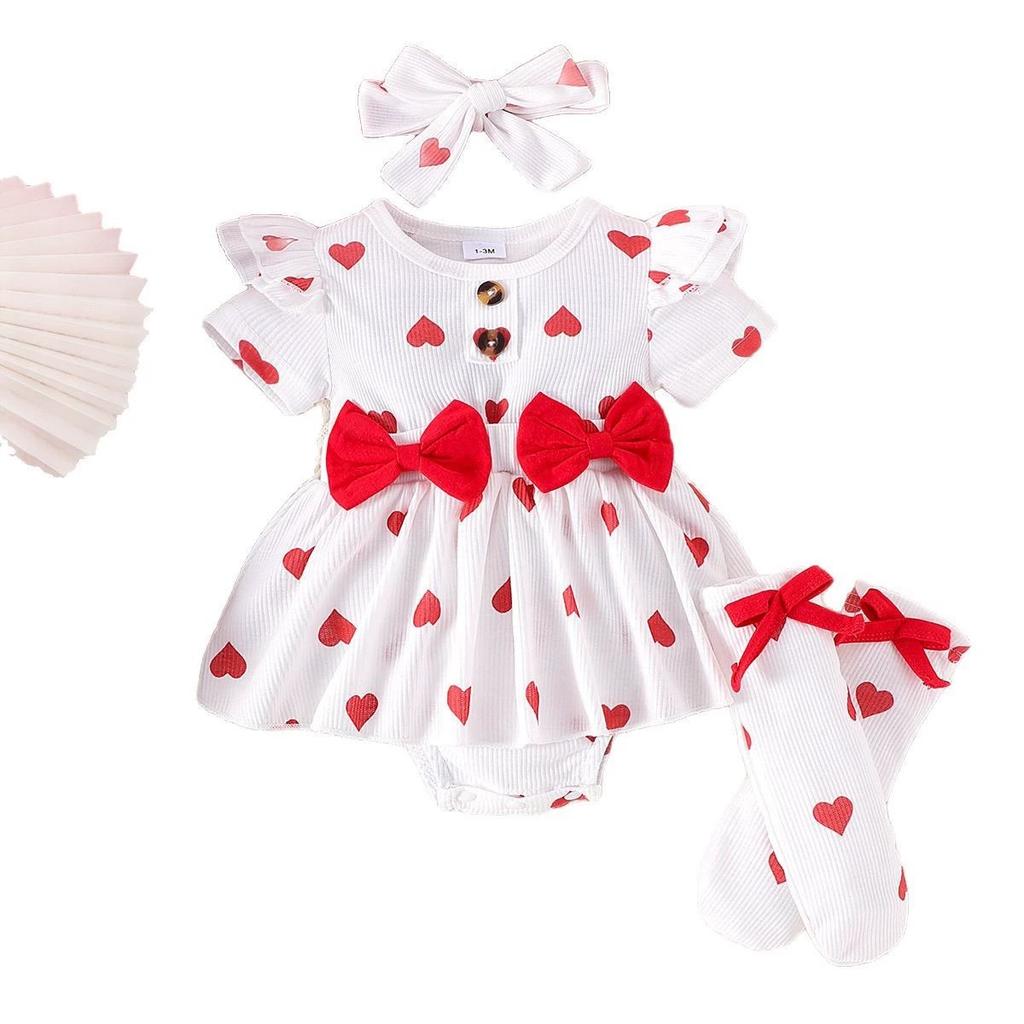 Newborn Baby Girls Clothes Heart Print RomperHeadband Socks 3PCS Set Infant Baby Long SleevesJumpsuits Summer Clothing 0-18M