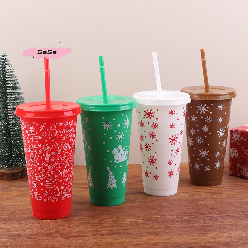 1Pc 710ML Christmas Coffee Straw Cup with Lid Reusable Xmas Tree & Snowflake Design Plastic Cup for New Year 2026 Party Favors