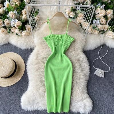 Bow Tied Spaghetti Strap Solid Knitted Dress Women Summer Sleeveless Mini Bodycon Dress Vestidos Sexy Female Clothing