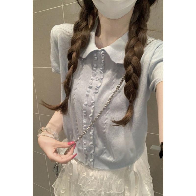 Sweet Wooden Ear Sleeve Short-Sleeved Knitted T-Shirt for Women - Summer New Design - Casual and Versatile Baby-Style Top