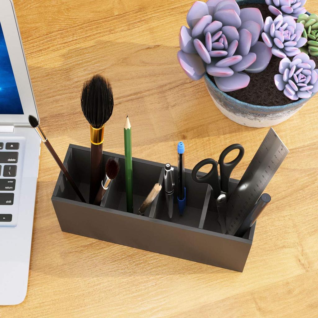 NIUBEE Pen Holder, 4 Compartments, Acrylic Pen Stand, Cosmetic Storage Box, Simple Desktop Storage for Stationery, Makeup Brushes, and Other Small