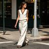 Summer 2 Piece Linen Sets for Women, V Neck Sleeveless Tank Top And Wide Leg Pants Matching Sets, Color Block Lounge Outfits with Pockets