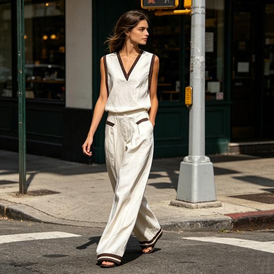 Summer 2 Piece Linen Sets for Women, V Neck Sleeveless Tank Top And Wide Leg Pants Matching Sets, Color Block Lounge Outfits with Pockets