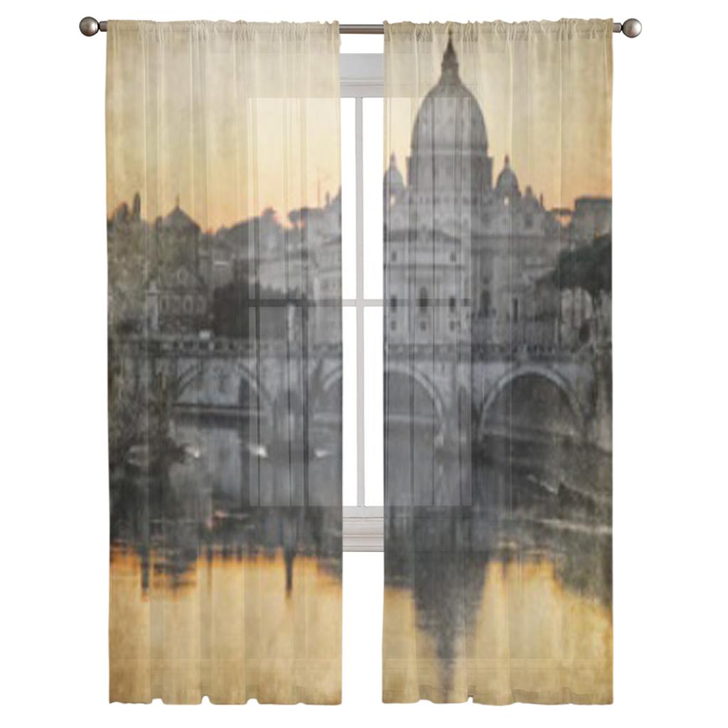 San Pietro Basilica Rome Retro Styled Chiffon Sheer Curtains for Living Room Bedroom Window Curtain Voiles Tulle Cortinas
