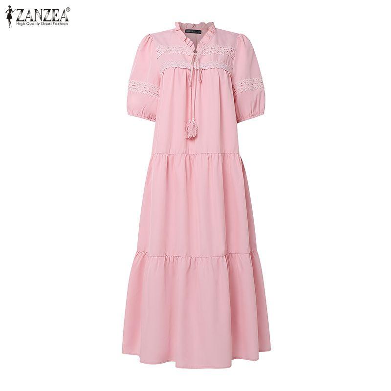 ZANZEA Women Casual Round Neck Elegant Lace Patchwork Short Sleeve Long Dress