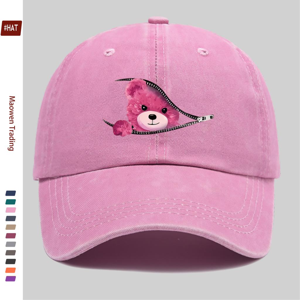 Pc Red Cartoon Teddy Bear Print Baseball Cap Home Leisure Decorative Hat Colorful Floral Print Papa Hat with Adjustable Buckl