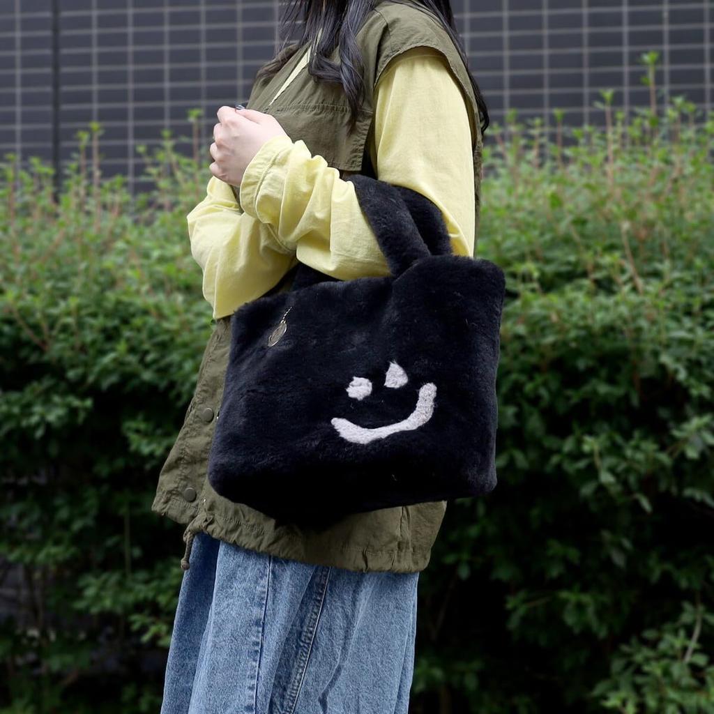 Cuco SMILEY Charm Eco Fur Face Tote Bag 2553111703 Black (210)