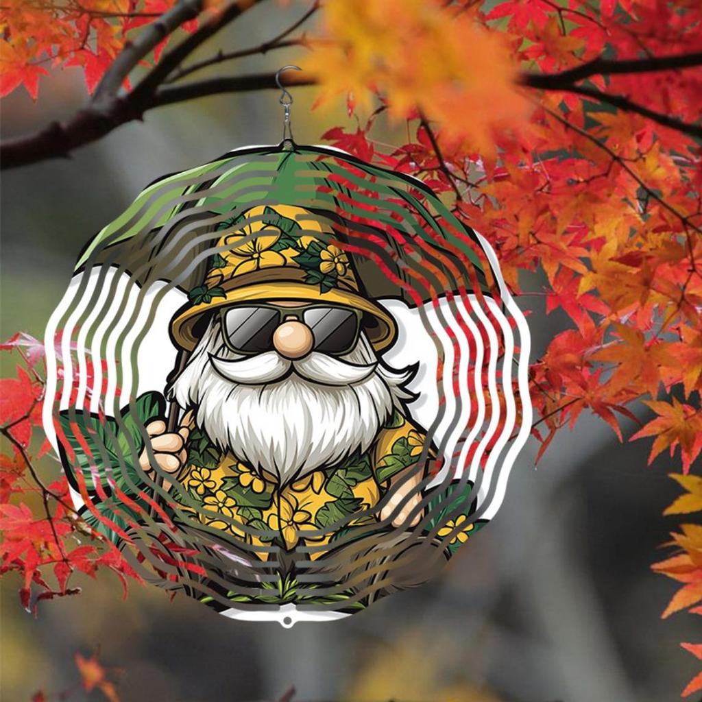 2D Metal Wind Spinner Gnome Design Outdoor Hanging Decor for Garden Patio Yard No Power Needed Rotating Wind Chime with Yellow Green Hat