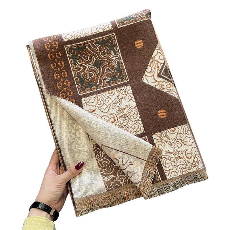 Imitation Cashmere Scarf Women's Autumn and Winter New Retro Totem Shawl Thickened Warm Loose Beard Scarf