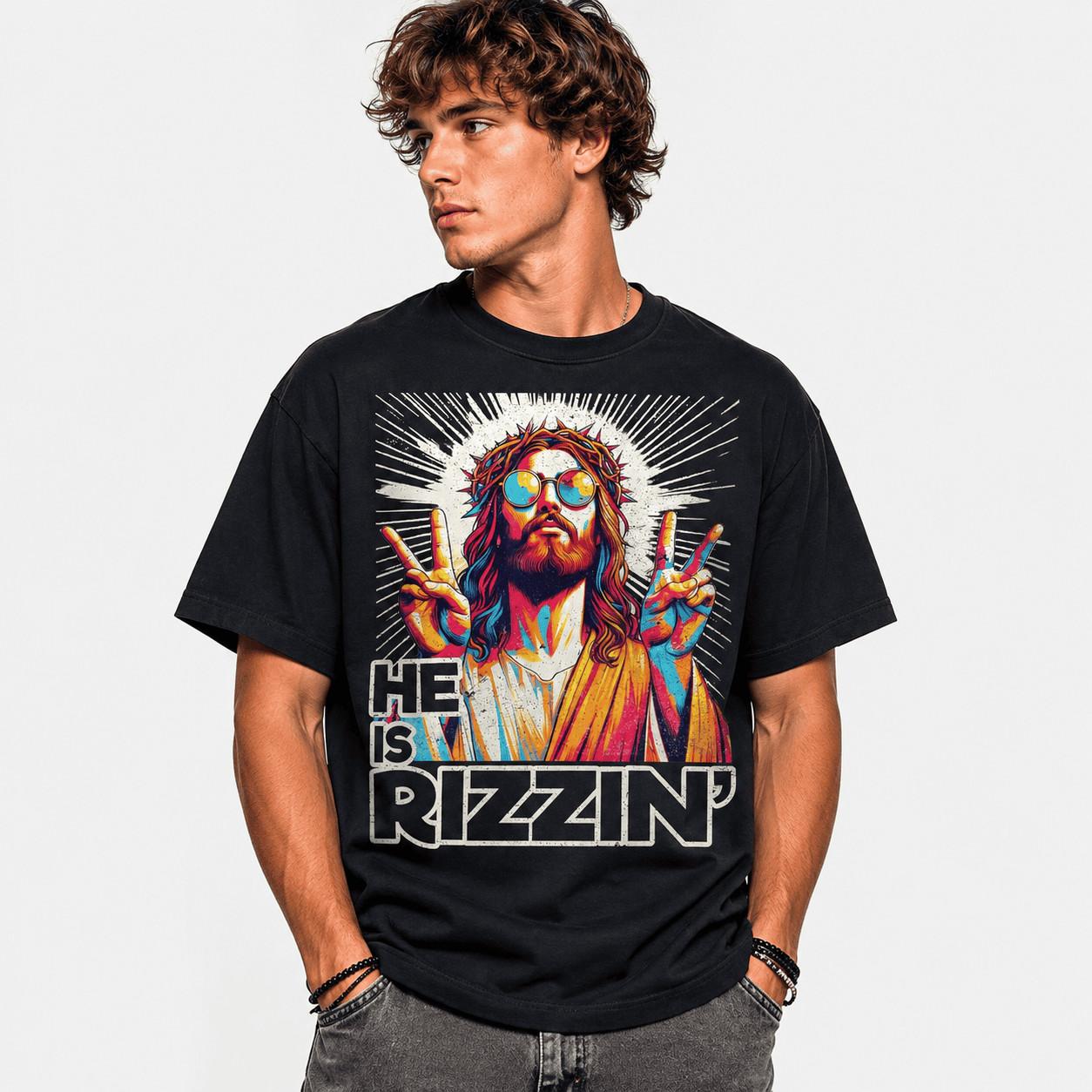 He Is Rizzin Funny Jesus T-Shirt | Sassy Christian Easter Rizz Graphic Tee M
