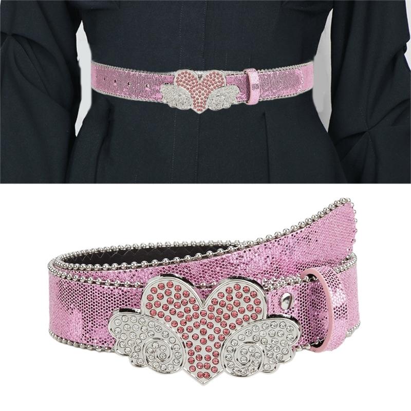 Adult Full Sequins Waist Belt for Dress Waist Belt Rhinestones Heart&Wing Buckle Thin Waist Belt Female Delicate Belt