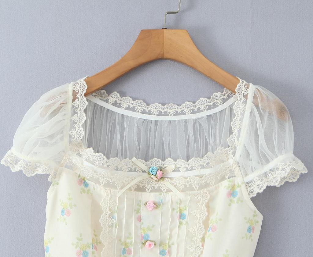 European Style Floral Lace Tie-up Mesh Blouse, Autumn 2025