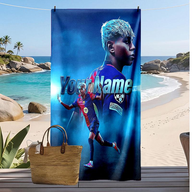 Asciugamano da Spiaggia Personalizzato Stampato Lamine Yamal Logo Calcio Supporto Nome Personalizzato Testo Asciugamano Assorbente Per Sport Viaggio Regalo Speciale