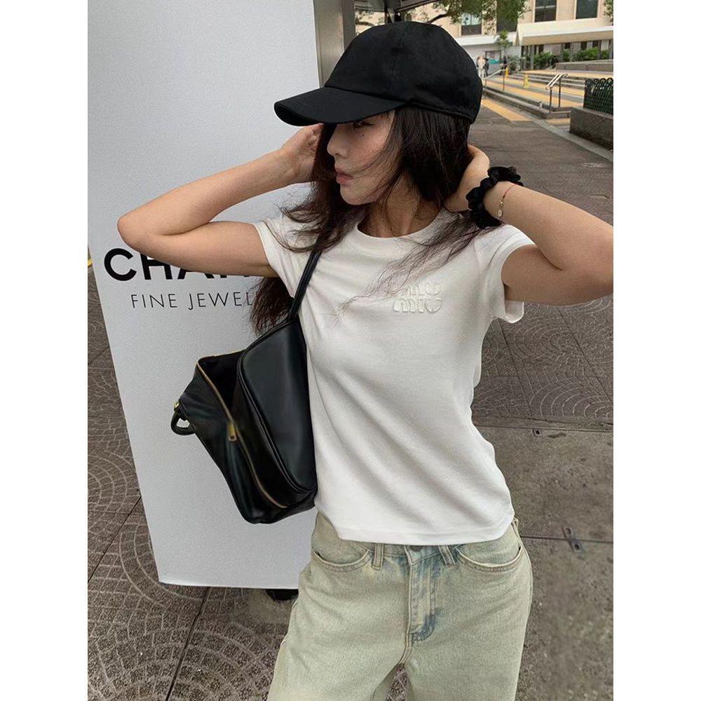 Women's Slim Fit Round Neck Cotton T-Shirt - Short Sleeve, Simple Summer Design with Embroidered Lettering