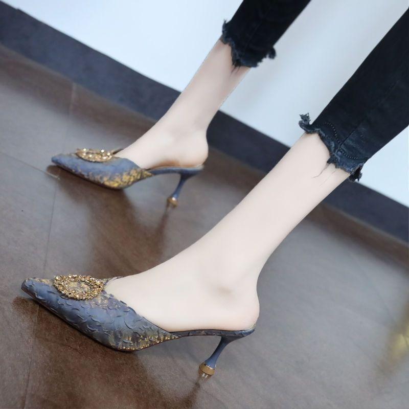 Fashion Women's Mules Slippers and Ladies Sandals Sexy Heeled Rhenstone Shoes Summer Sale Clappers Unique Non Slip Casual Pvc on Slides