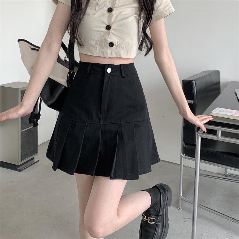 High-Waist Black Pleated A-Line Skirt for Women, Summer 2024 - Anti-Exposure & Slimming Design