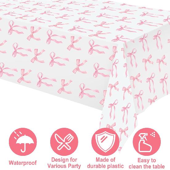 Oudain 3 Pcs Pink Bow Table Cloth 54 x 108 Inch Coquette Bow Table Cover Rectangle Pink Tablecloth Disposable Tablecovers Coquette Party Decorations