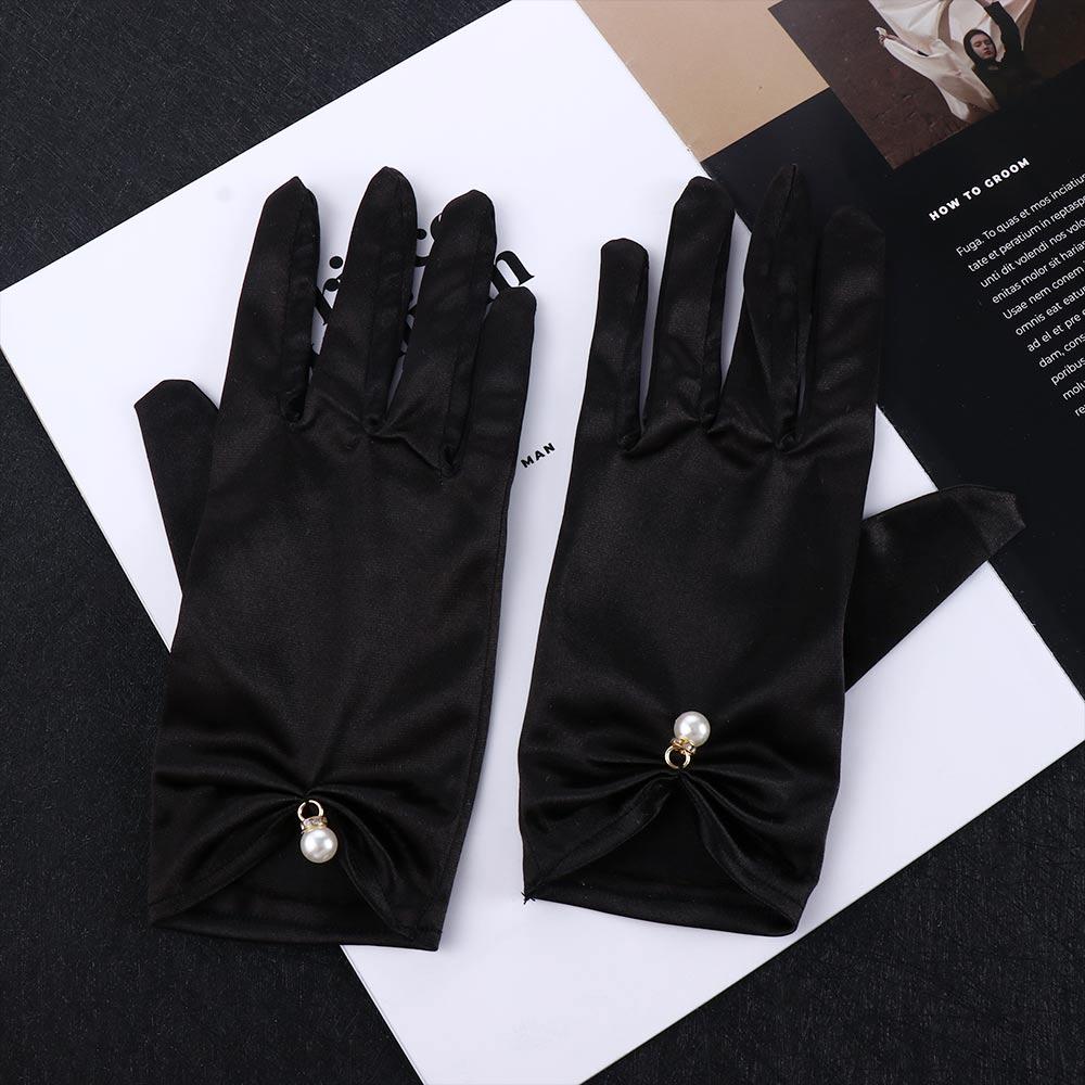 Performance Satin Five Finger Korean Driving Mittens Pearl Women Wedding Gloves Full Finger Gloves