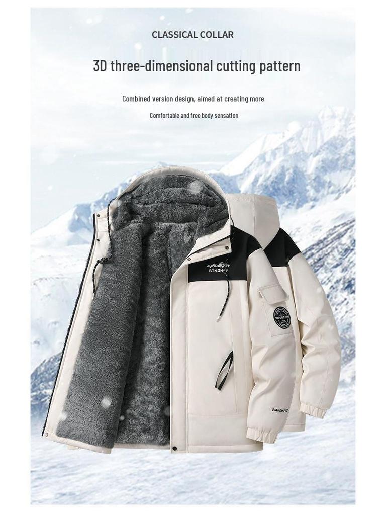 Men's Windproof Fleece-Lined Hooded Jacket: Warm, Thick Cotton Coat for Winter and Outdoor Activities