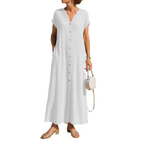 Summer Short Sleeve Cotton Dress for Women Button Down V Neck Long Dress Casual Loose Flowy A-line Beach Sundress with Pockets S