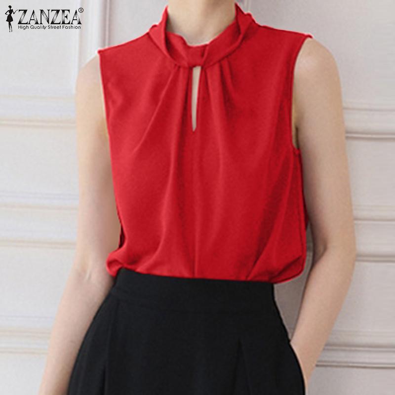 

ZANZEA Lady Women s Summer Round Neck Sleeveless Pleat Solid Color Loose Top