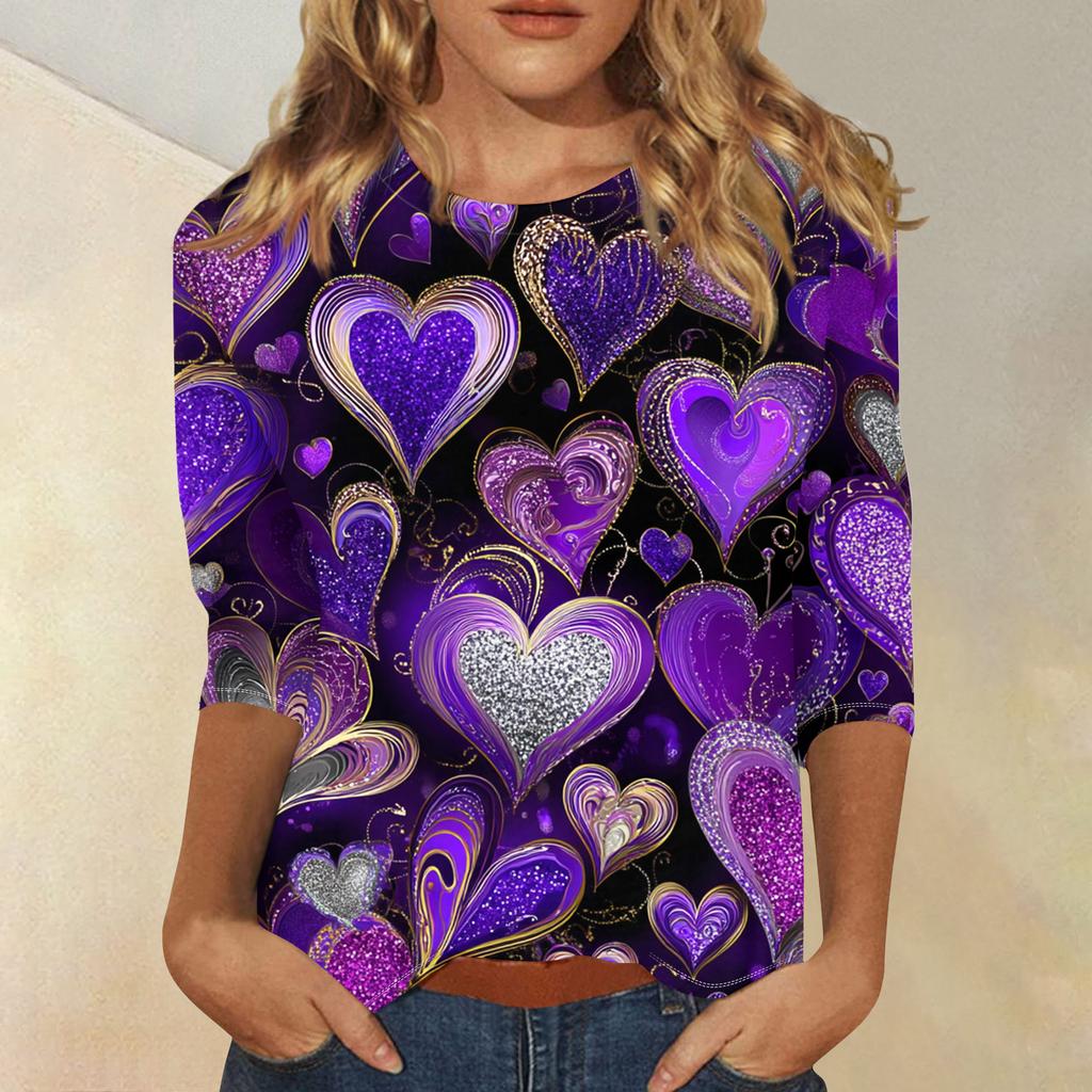 Women's Fashionable Casual Three,quarter Sleeve Heart,shaped Printed Round,neck Top